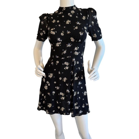 Reformation Dresses & Skirts - Reformation Black Floral Mock Neck Puff Sleeve Mini Dress Size 2